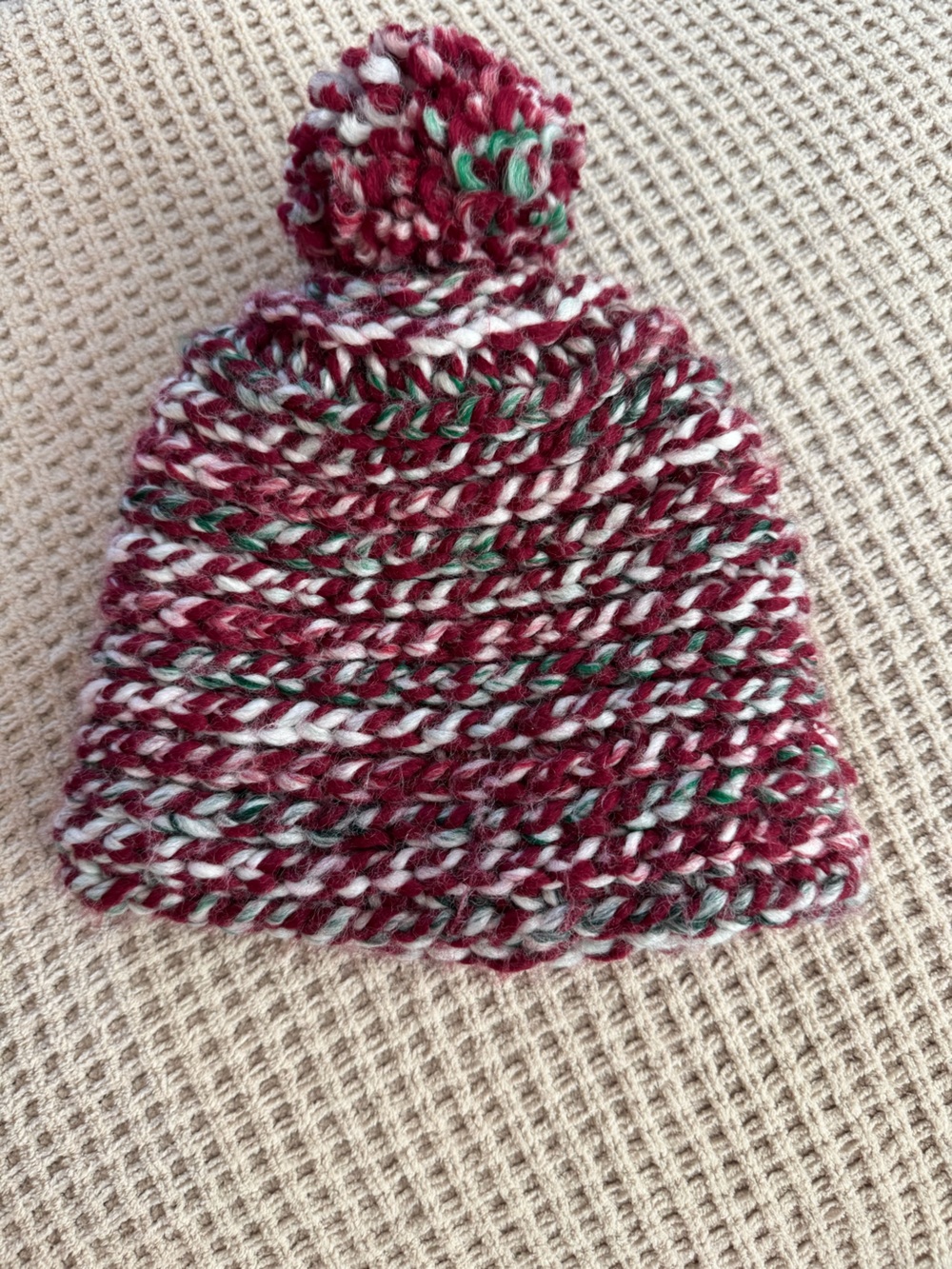 Chunky Hand-Knit Holiday Beanie with Pom Pom – Red, Green, & White